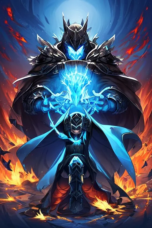 A warrior with a matte black combat helmet and eyes with bright blue flaming pupils, a black cape and a long coat with long combat boots and a long, sharp and fiery spear and with his helmet under his cape and two blue flames instead of eyes