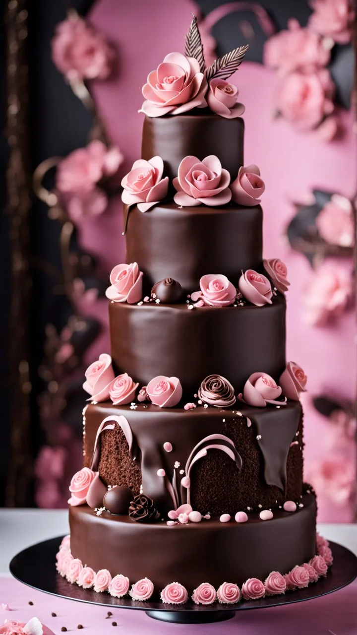 stunning chocolate wedding cacke with black and pale pink chocolate decorations, high realistic, high detalied, sharp focus, dynamic lighting, stunning, blur background with pale light