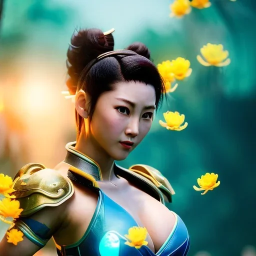 Chun-li underwater with yellow flowers for hair, closed eyes, rtx, reflection, 8k, glow, winning photography, caustics