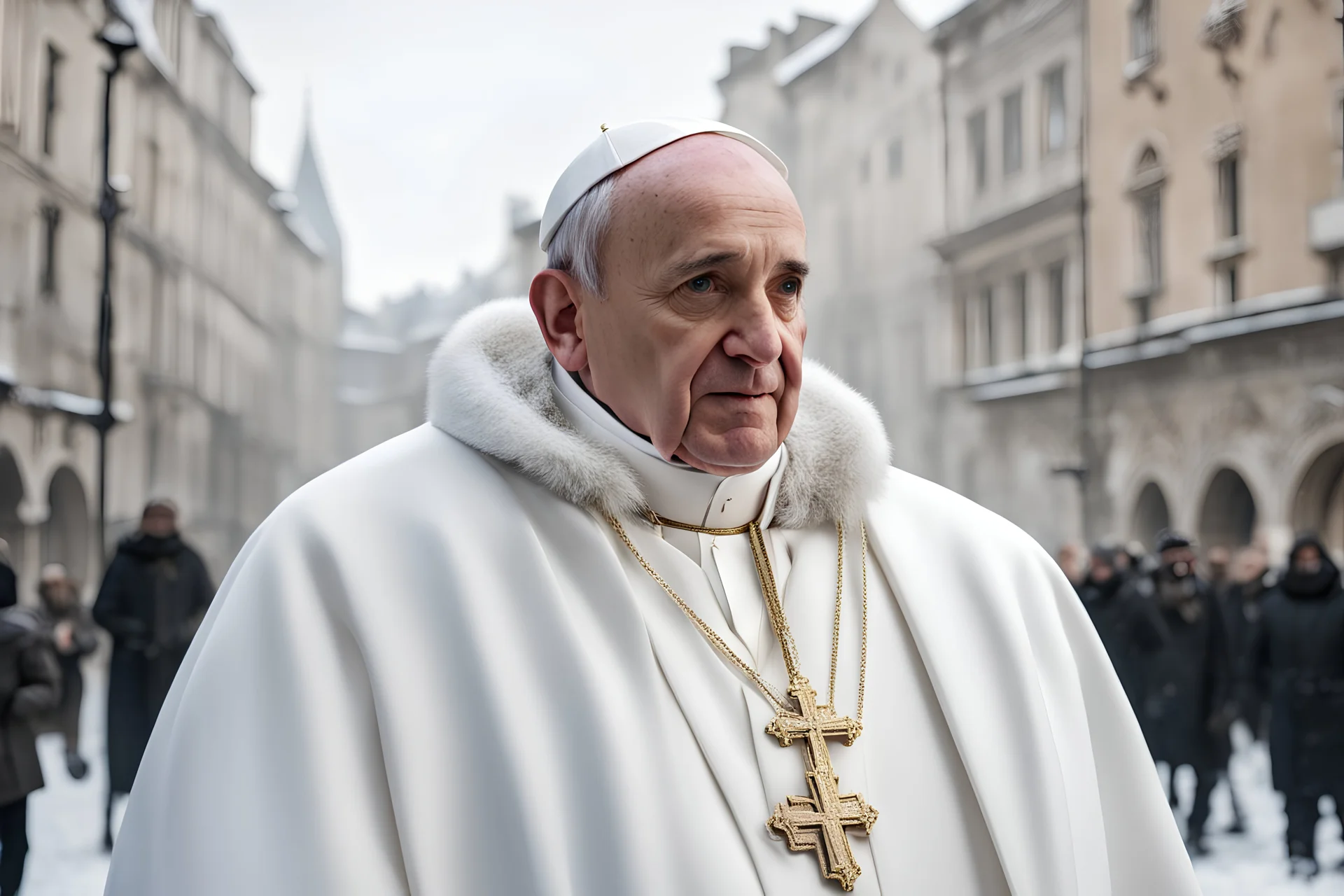 Una imagen realista del Papa Francisco caminando por la plaza de una ciudad europea en invierno, vistiendo un abrigo blanco acolchado y una cruz colgando del cuello