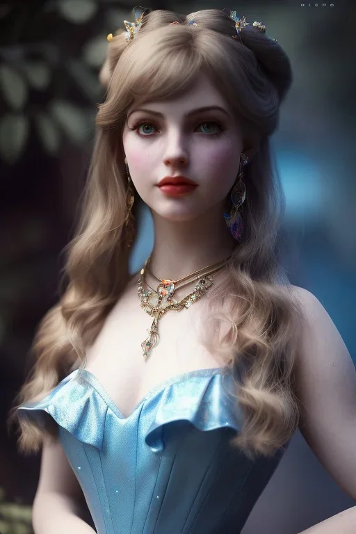 alice wonderland, blue dress, young woman, starry eyes, sinematic depth of field, alfons mucha, clay model, art blender,