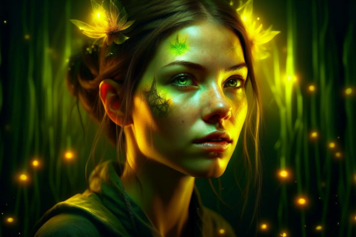 Portrait of a woman, Fireflies in Asgard, colorful polychromatic, ultra-detailed, Artstation, deep color, volumetric lighting, yellow-green color.