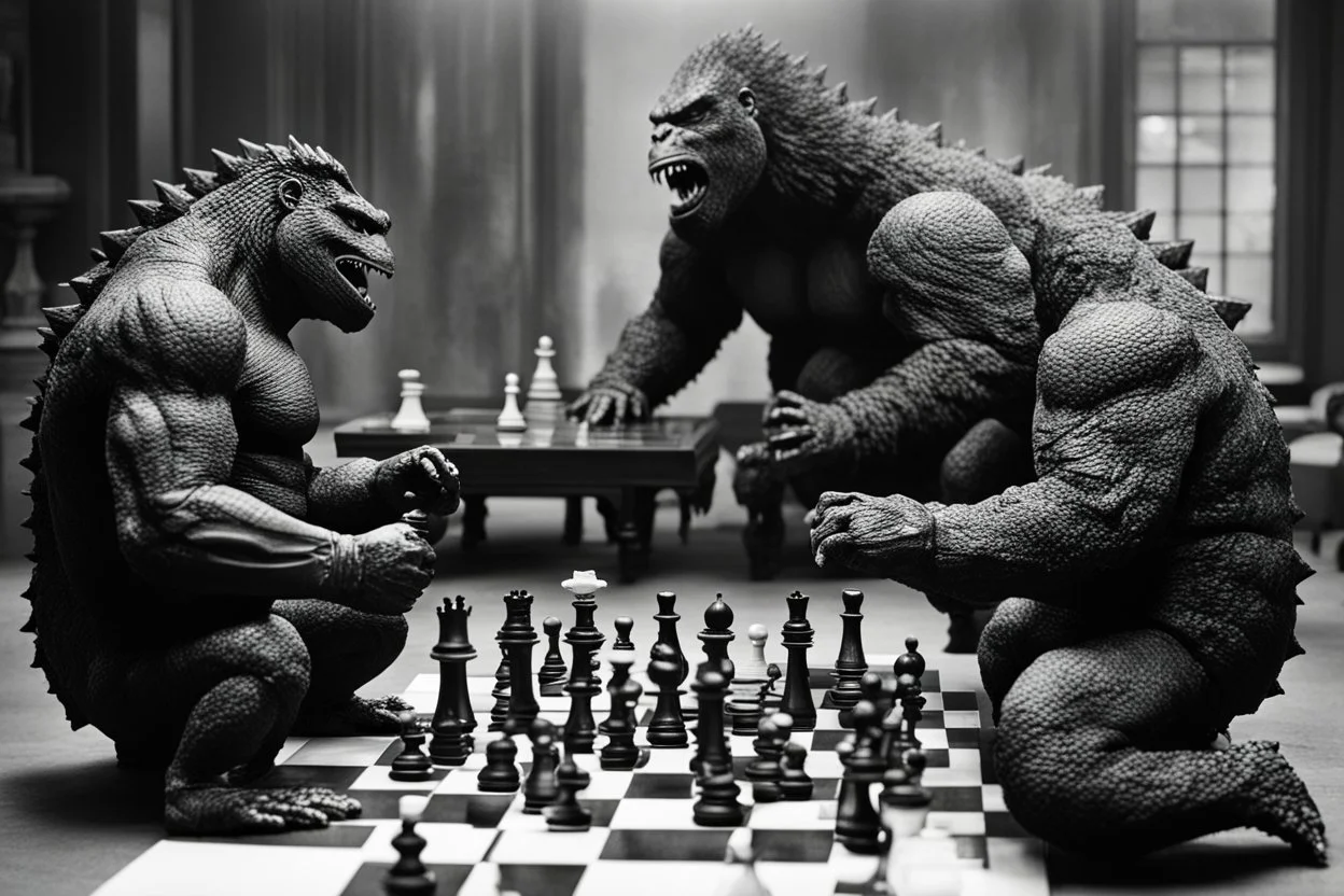 a Godzilla and king kong playing a game of chess