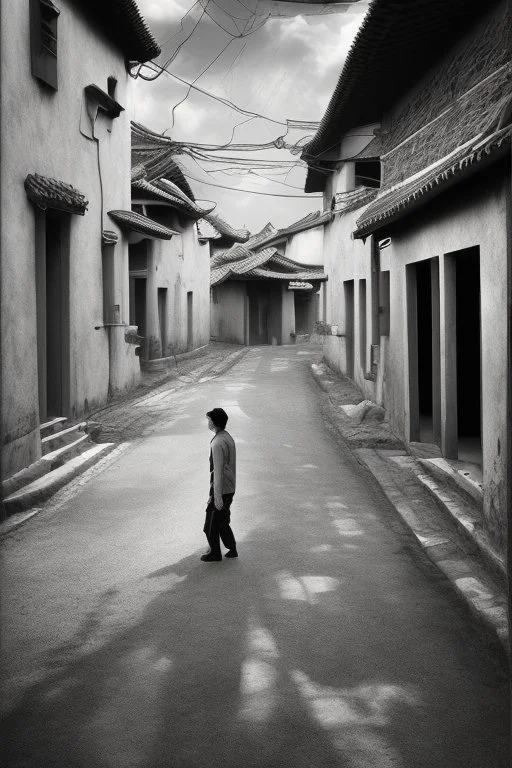 Black & white man walks on road's chinese village with playing light and shadow as ho fan style