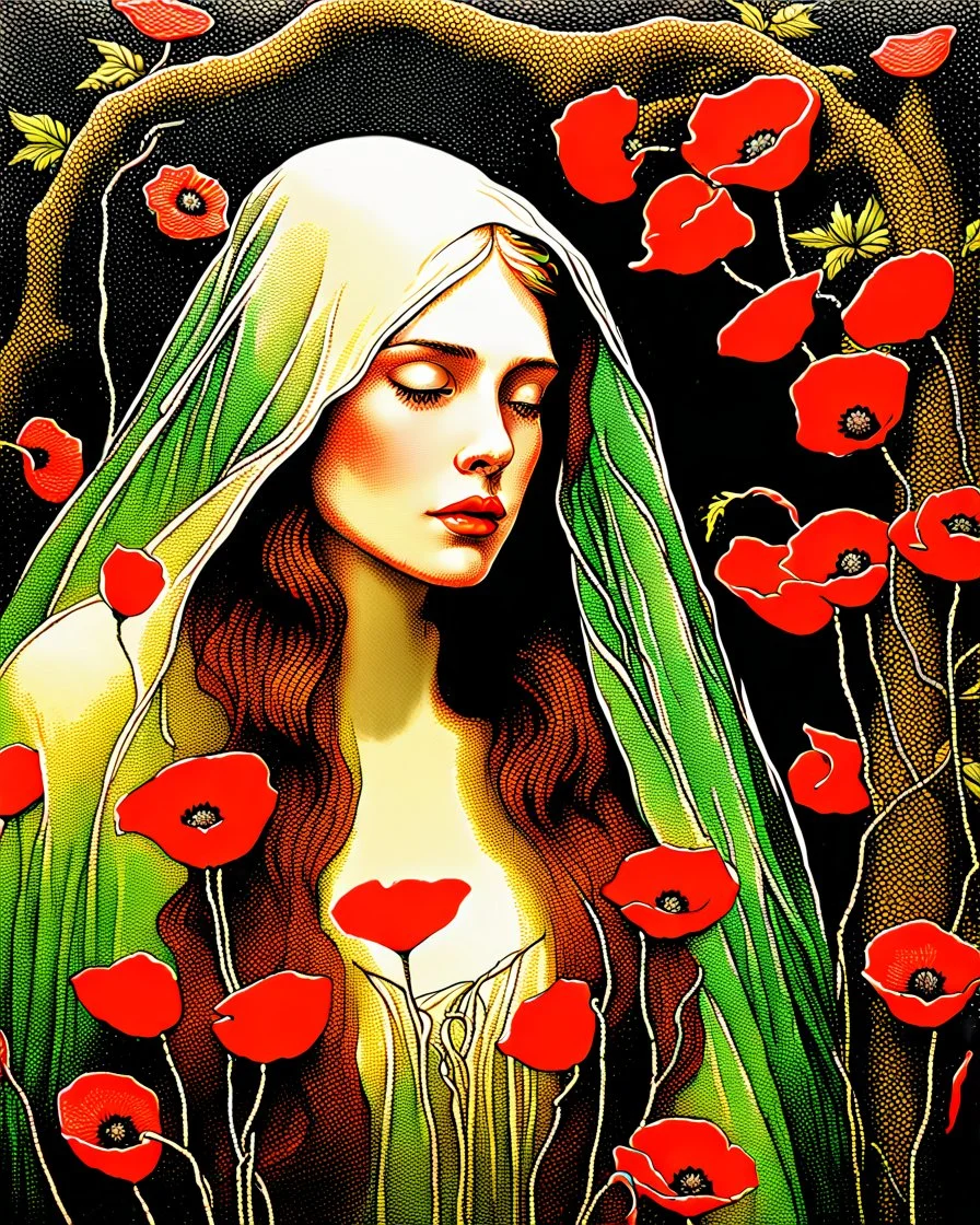 Pre-Raphaelite, chiaroscuro visibly textured oil painting young, Ultra-realistic, hyperrealistic, ethereal and naturally beautiful, alluring young Hyperrealistic Octane render of a mystical maiden cloaked in a translucent veil embroidered with crimson poppies and ash-gray vines, glowing softly. Dark enchanted garden in background, delicate silver thread, whimsical textures, surreal post-impressionist impasto acrylic layer cinematic shadows and maximalist. intricately detailed