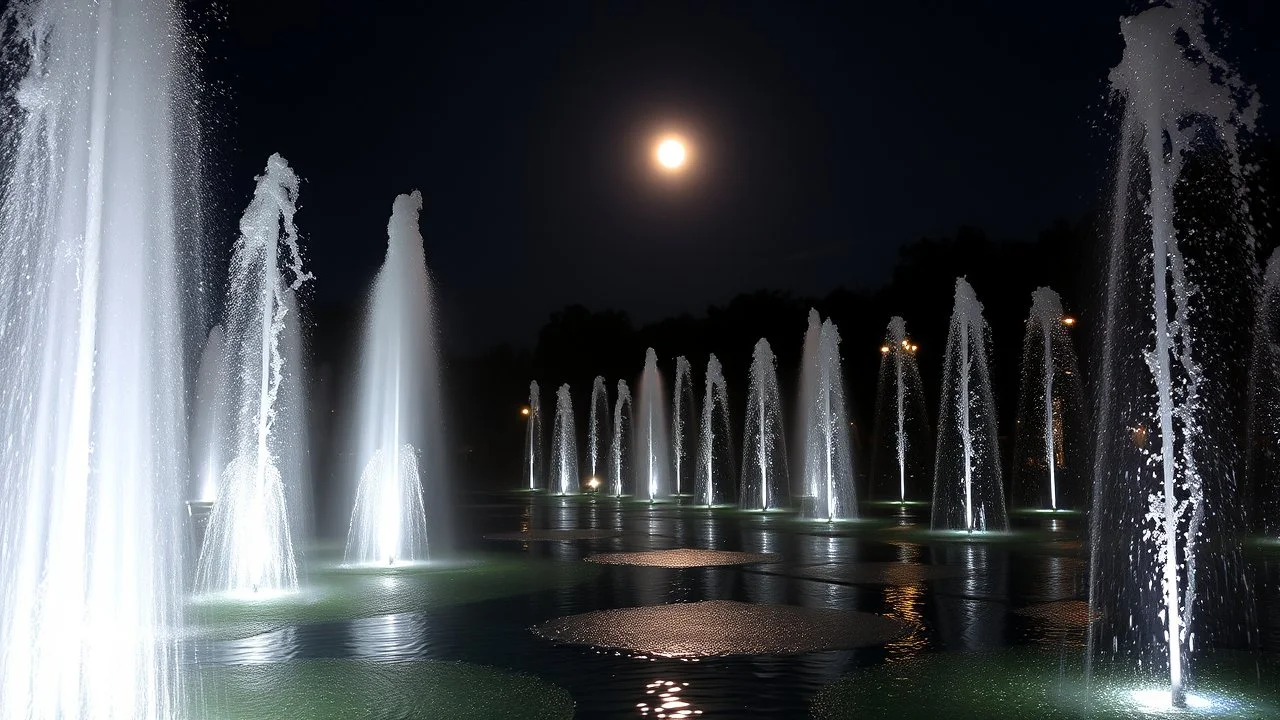 moonlight, sparkling fountains, recreation, relaxation, luxury, magnificent, showers, glistening water spray, people, dream world, calm beauty, symmetry, fantasy world, magic, splendor, uplifting, inspiring, therapeutic, chiaroscuro, color, award-winning colour photograph, beautiful composition, exquisite detail, Nikon 135mm