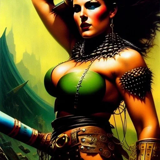 portrait oil on canvas, beautiful punk busty female Barbarian Warrior,green eyes, ,minimal armor,comic book cover, mystical colors,insanely detailed,realistic,intrincate detail, 16k resolution, masterpiece,Frank Frazetta,Alex Horley, Simon Bisley