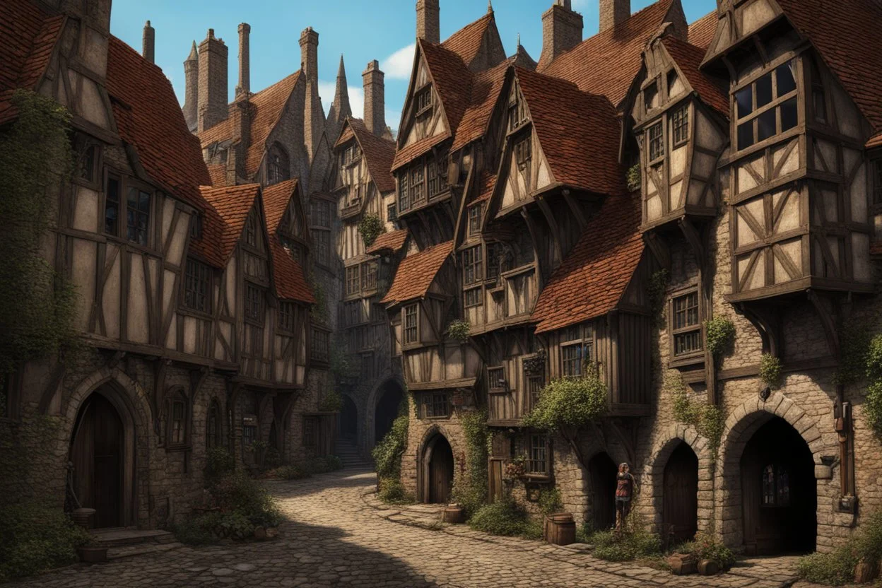 gothic, medieval street in a shanty town, inns, shops, balconies, bridges, arches, cobbled roads, people, in a wood, dense foliage, photo-realistic, Hogwarts, blue sky