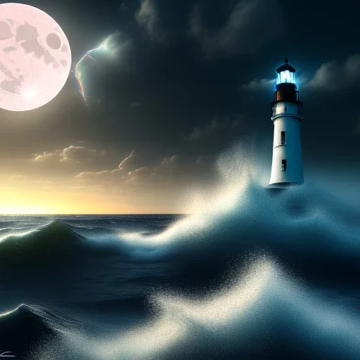 Fantasy, light house, lighting, surreal, waves crashing below, 8k, nightime with full moon, dark clouds, sketch