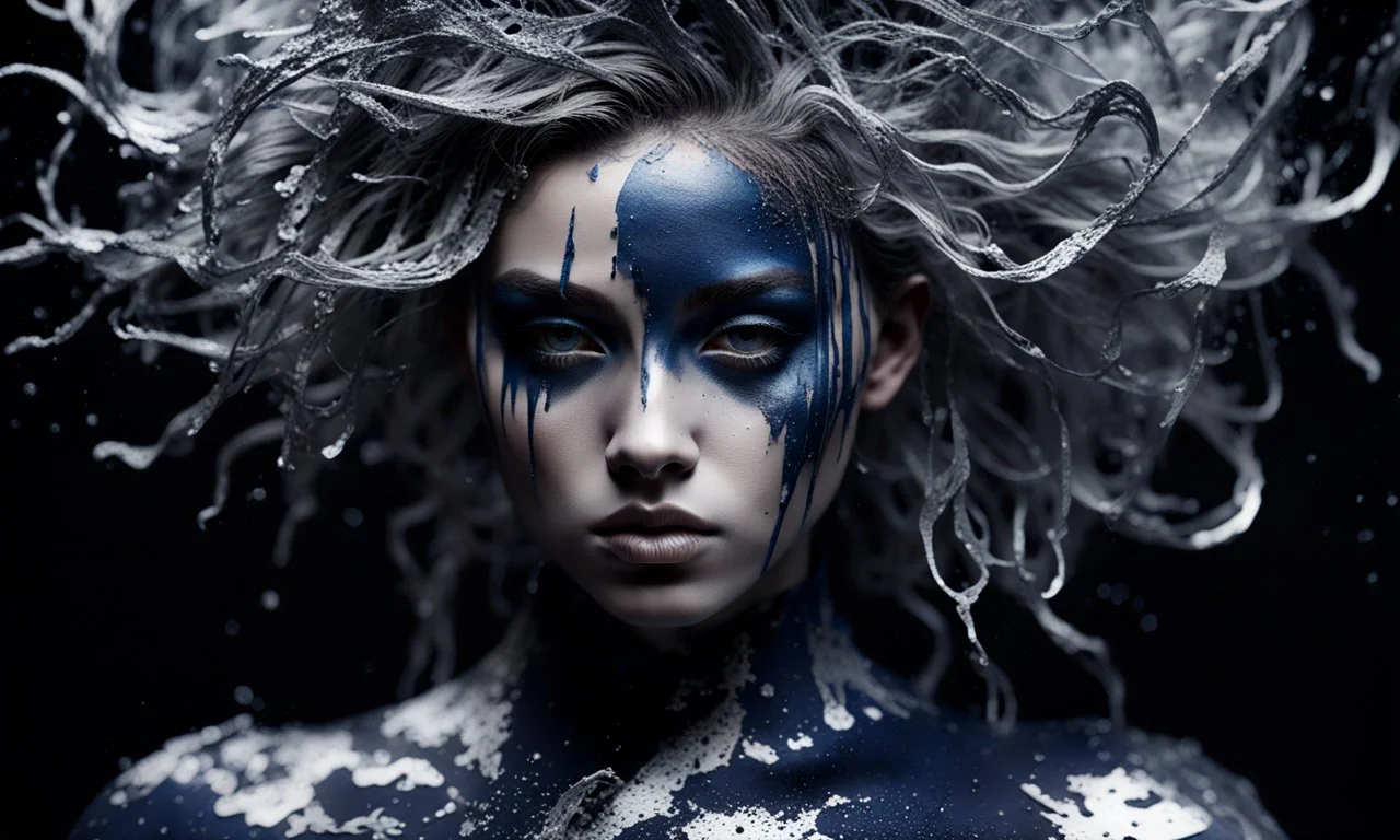 papercut 3d portrait of young woman, dark fantasy, beautiful, dark eyes, dark make up, streaks of paint, paint blobs and smears, paint powder, textured, silver, molten metalics, wild hair, high definition, octane render, 8k, backlit,