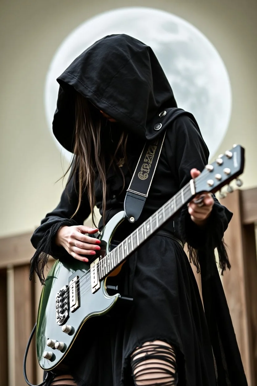 goth girl(dressed as the grim reaper, hood down) rockin' on the guitar, leaning back