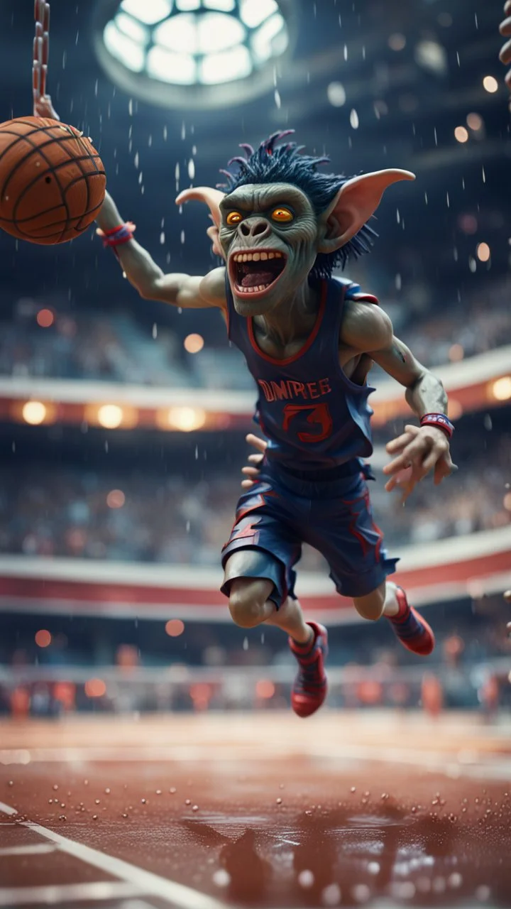 full figure portrait of a giant dunking basket player vampire werewolf goblin gremlin hanging long jump over wet soil in front of dome court, in the style of Gorillaz,bokeh like f/0.8, tilt-shift lens 8k, high detail, smooth render, down-light, unreal engine, prize winning