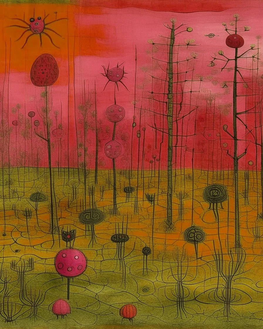 A purplish magenta swamp with pumpkins and spiders designed in Heidrun manuscripts painted by Paul Klee