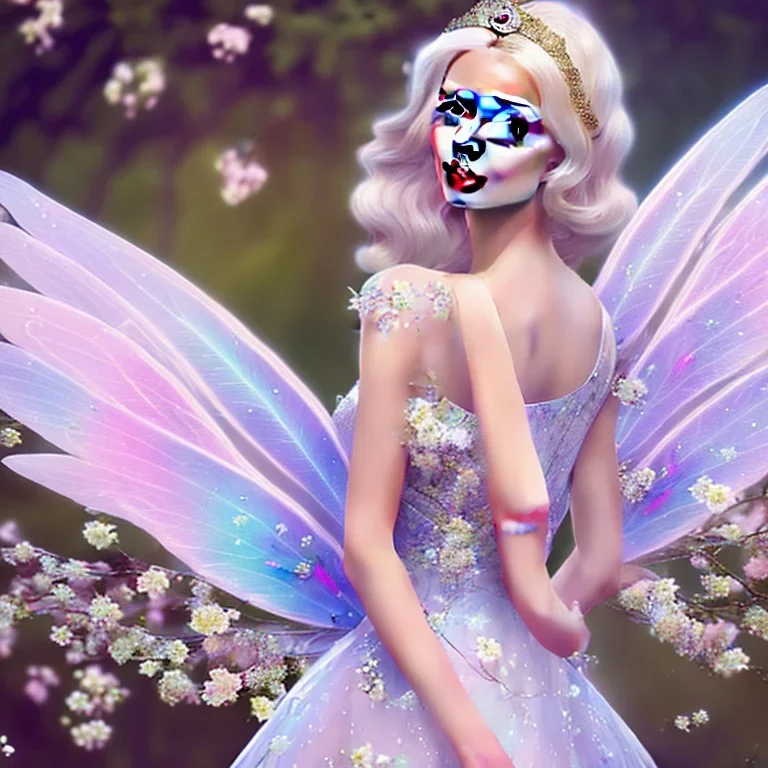 cute fantasy fairy with transparent wings, smiling, blue eyes, make up, long platinum blond hair with crown and flowers, pink dress, unreal engine