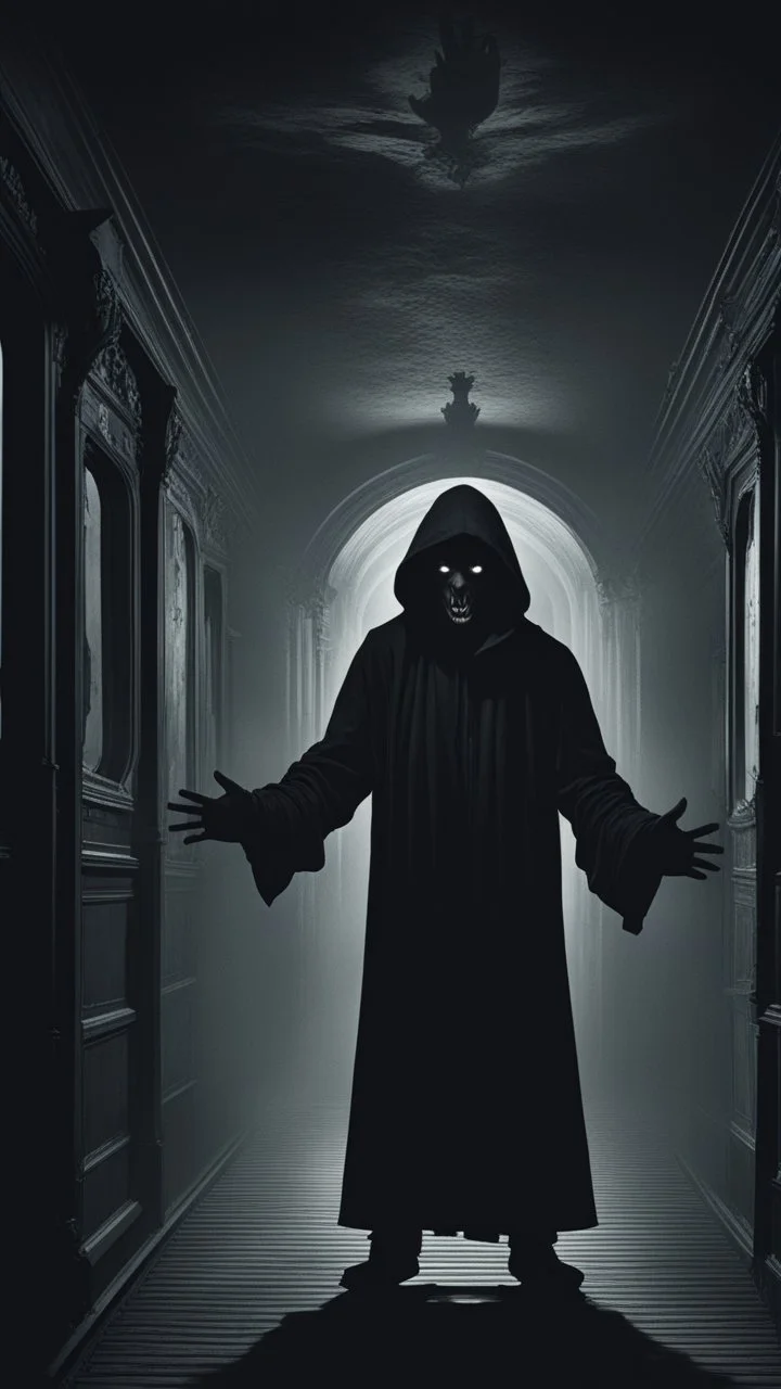 a black hooded shadow standing and folding hands up alone in a sleepless night inside a dark train in a delusional state haunted by ghostly images, paint it in the baroque style, as if the man is horrified