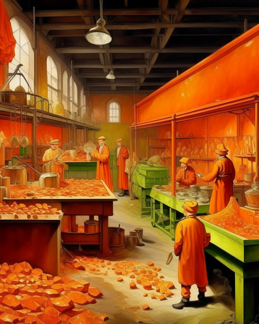 An orange colored crystal factory in a plague painted by Henri Robert Bresil