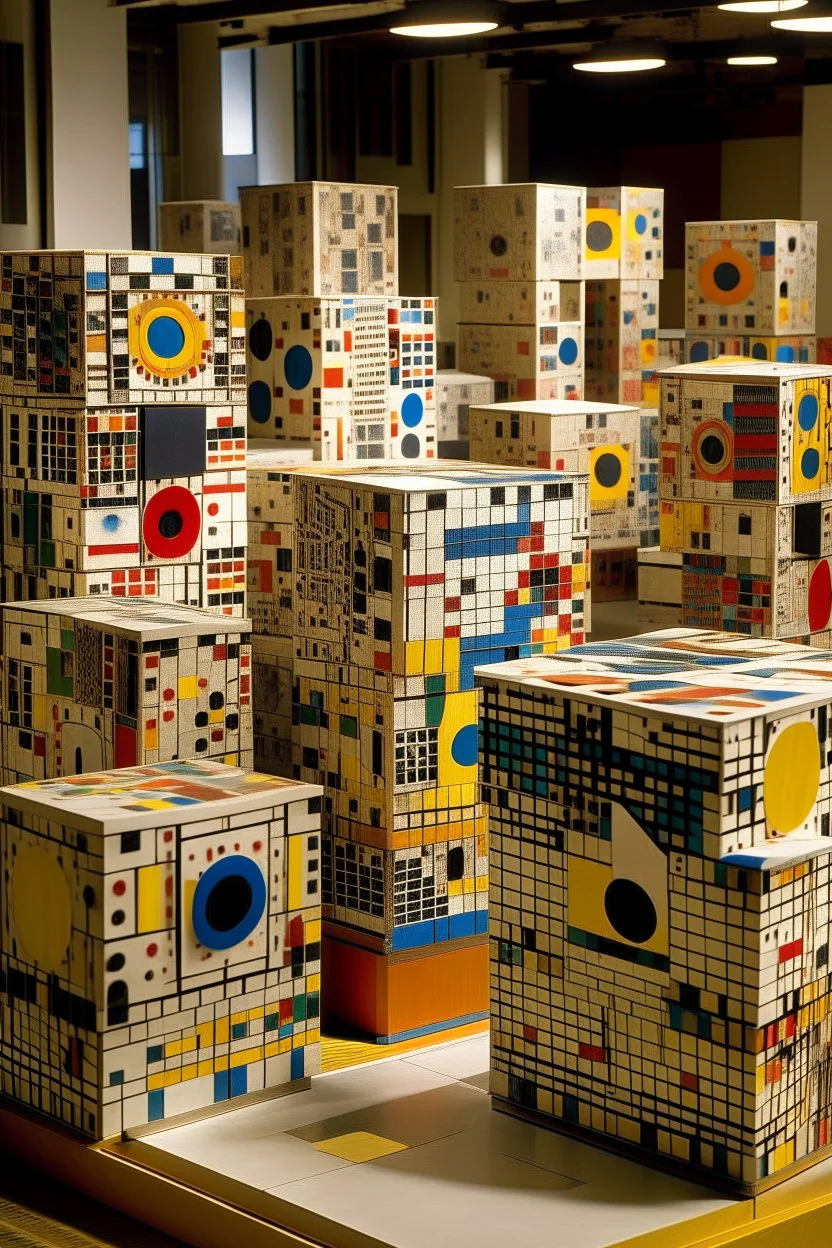 A white city made out of speaker boxes designed in Roman mosaics painted by Wassily Kandinsky