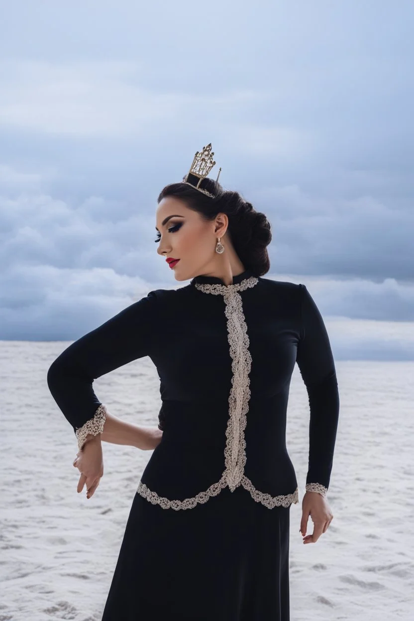 full body of very beautiful lady midi skirt and blouse , curvy hair with small crown and lace scarf ,standing idle happy pose in studio pretty makeup