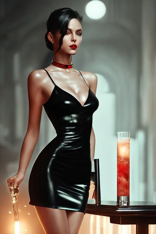 Most beautiful gorgeous bartender black sheer simple split dress, ((red lips, intimate, appealing)), creamy smooth thigh exposed, perfect proportions :: beautiful black eyes :: ((bar background, dim lighting)) :: head and shoulders portrait, ruins, little smile, 8k resolution concept art portrait by Greg Rutkowski, Artgerm, WLOP, Alphonse Mucha dynamic lighting hyperdetailed intricately detailed Splash art trending on Artstation triadic colors Unreal Engine 5 volumetric lighting,