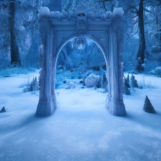 ethereal winter flowers, carved ice door at the end of ice steps, magical atmosphere, Beardsley, Unreal render, mdjourny v3 style, cinematic blue