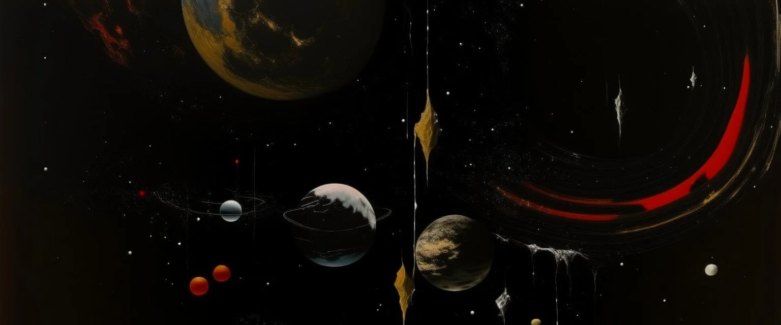 A black outer space with warped planets painted by Clyfford Still