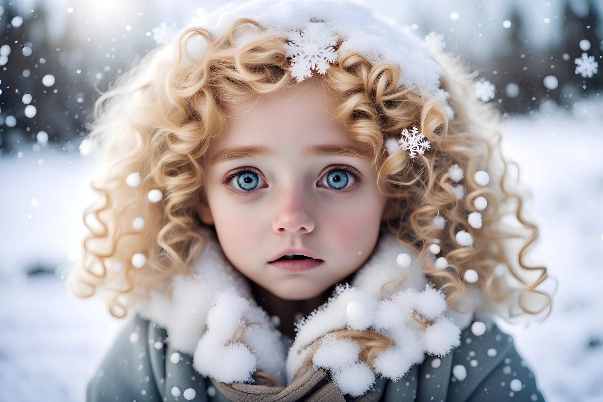 Lonely orphan with big innocent eyes and curly blonde hair and snowflakes in her hair. Lots of big snowflakes. Snowy landscape.