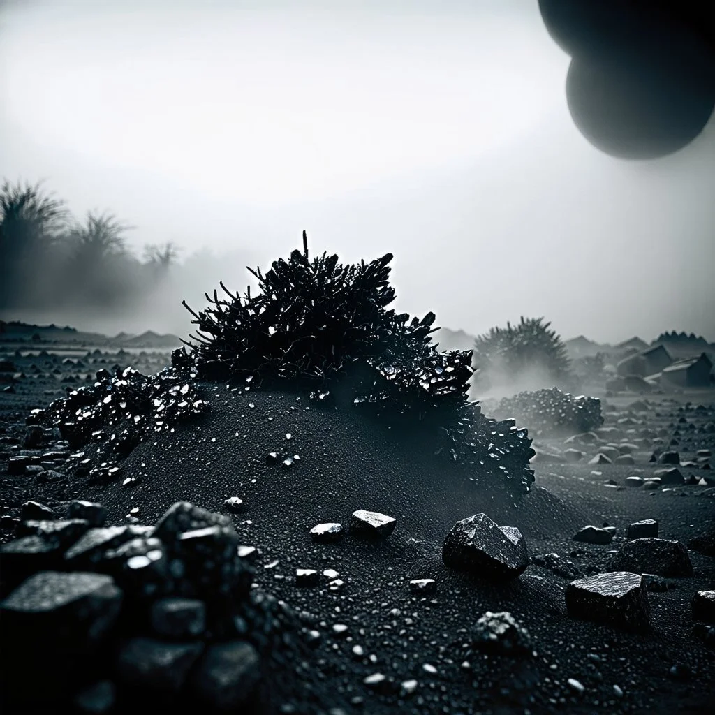 A striking quality Kodak photograph captures a wasteland with creepy, details of the dust very accentuated, glossy organic mass, adorned with minerals and rocks. Bathed in intense light, eerie, Yves Tanguy style, black sun, fog