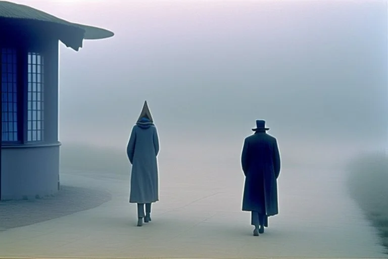 two people without gender seen from behind walking side by side in an empty foggy plain, above there is blue sky by artist "Leonora Carrington"