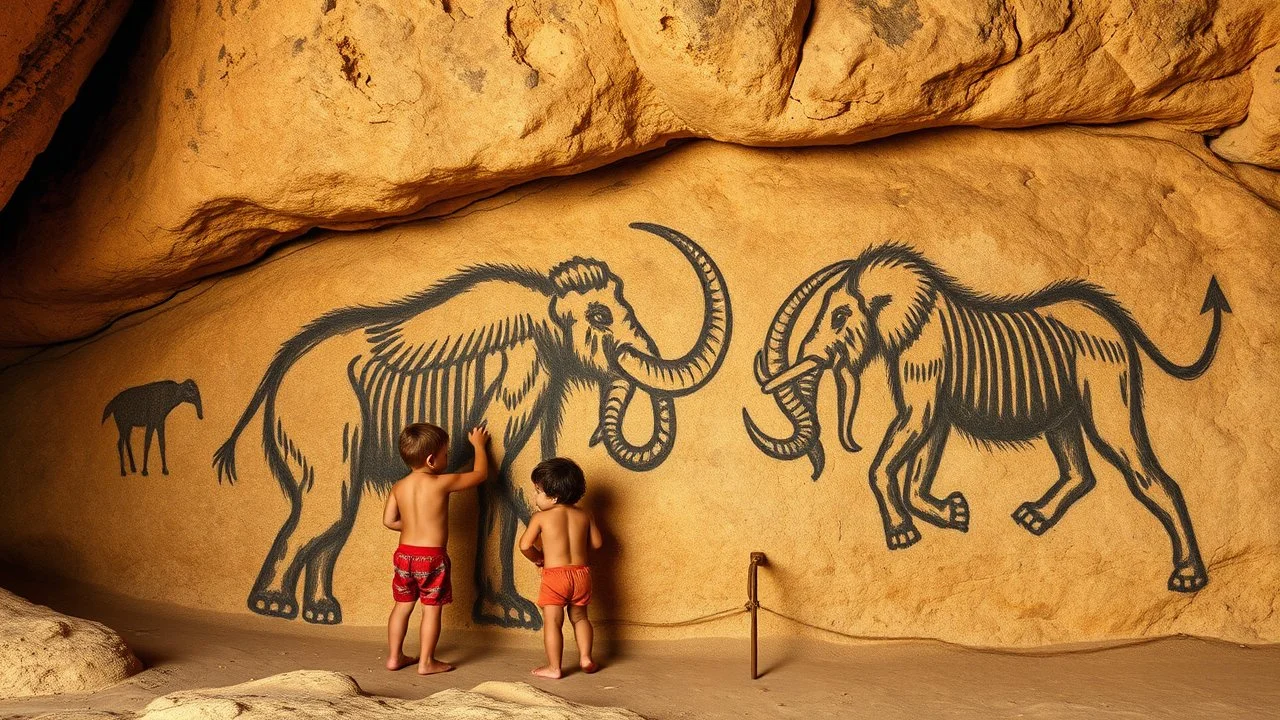 Neanderthal children drawing mammoths on the wall of a cave. Beautiful composition, clear photograph, excellent lighting, award-winning photography.