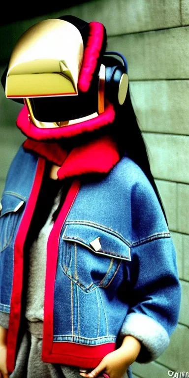 Asian, modern, beautiful woman, street, thick thigh, thick calves. Style futurism, 1996, daft punk, rough street style, Gamjan style.Mantle is sewed of recycled Denim and sewed together red felt pieces.Big headphones, with gold rings, is merged with small felt cap with small visor. A bag is integrated to the mantle. Big camouflage Patterns are composed of orange, cream, blue, lilac and purple. blue latex somewhere. It is with big bright purple felt tippet and cream-colored-hood. tippet