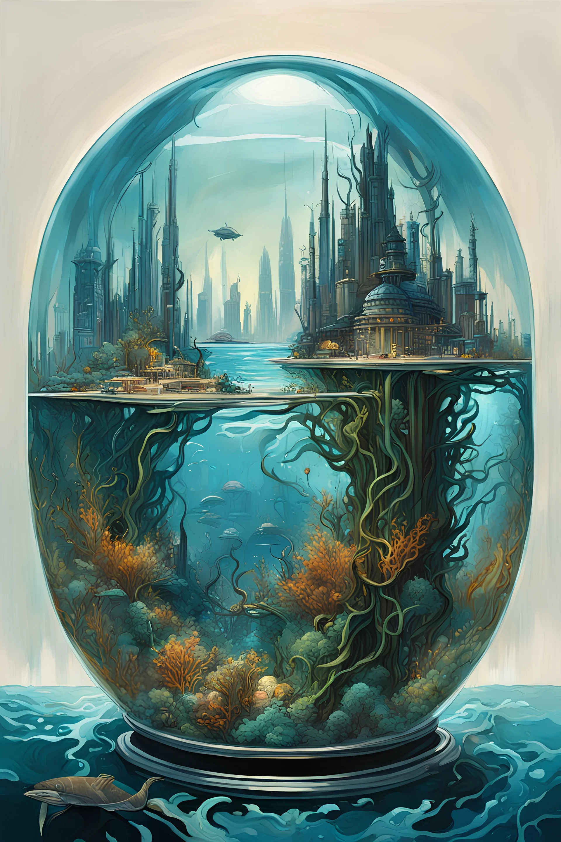 A painting of the ocean floor with (a futuristic city in a glass dome) with kelp, detailed, high quality, matte painting, bold lines, brushstrokes