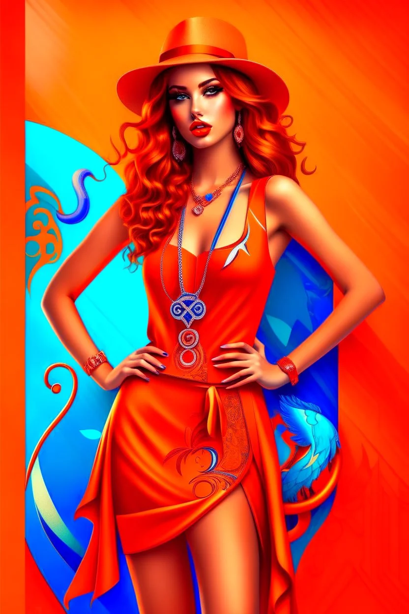 Full body of beautiful girl nami, Hair Color: Orange, Style: Wavy, Outfit Top: Blue, Outfit Bottom: Orange, Shoes: Brown, Accessories: Tangerine, Weapon: Clima-Tact, Hat: Straw, Tattoo: Pinwheel, Earrings: Hoops, sophisticated,, beautiful woman, hyper realistic, hyperrealism, photoreal, realistic, photorealistic, soft pastels, full-body, standing, long shot, wide angle, aesthetic