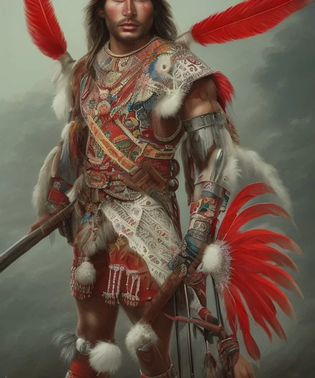 Guaicaipuro, native south american face, Muscular warrior, red feathers headdress, heroic pose holding spear