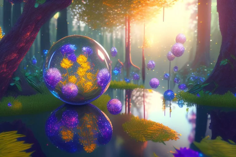 lightning sparkling flowers in floating glass balls, in forest, on lakeside in sunshine detailed matte painting, deep color, fantastical, intricate detail, splash screen, complementary colors, fantasy concept art, 8k resolution trending on Artstation Unreal Engine 5