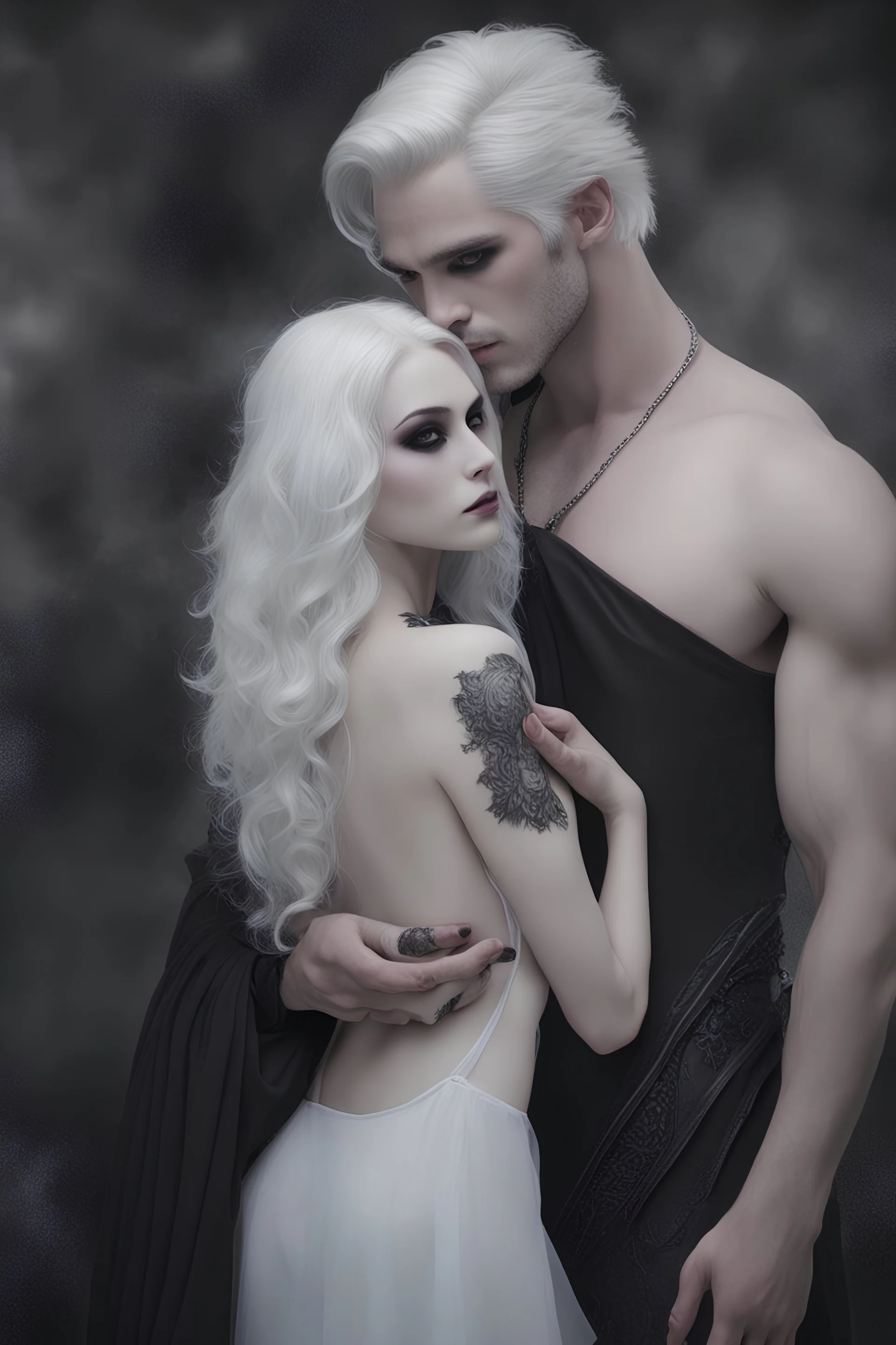 Close up of an Attractive goth man holding his goth girl, he is looking mysteriously at the camera with her back faced to the camera. Dark eyes, White hair, ,super realistic, smoky background