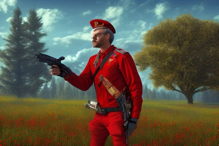 A tree,on a valley,blue deep sky, Colourful meadow,and a man in red with a gun like a heist,details,texture,8k quality, 89 meters snapshot, Expressionism