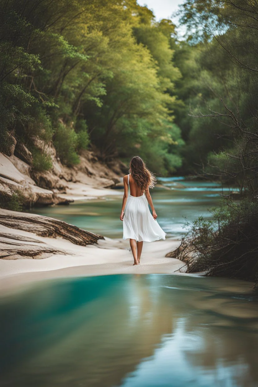 beautiful girl walking in trees next to wavy river with clear water and nice sands in floor