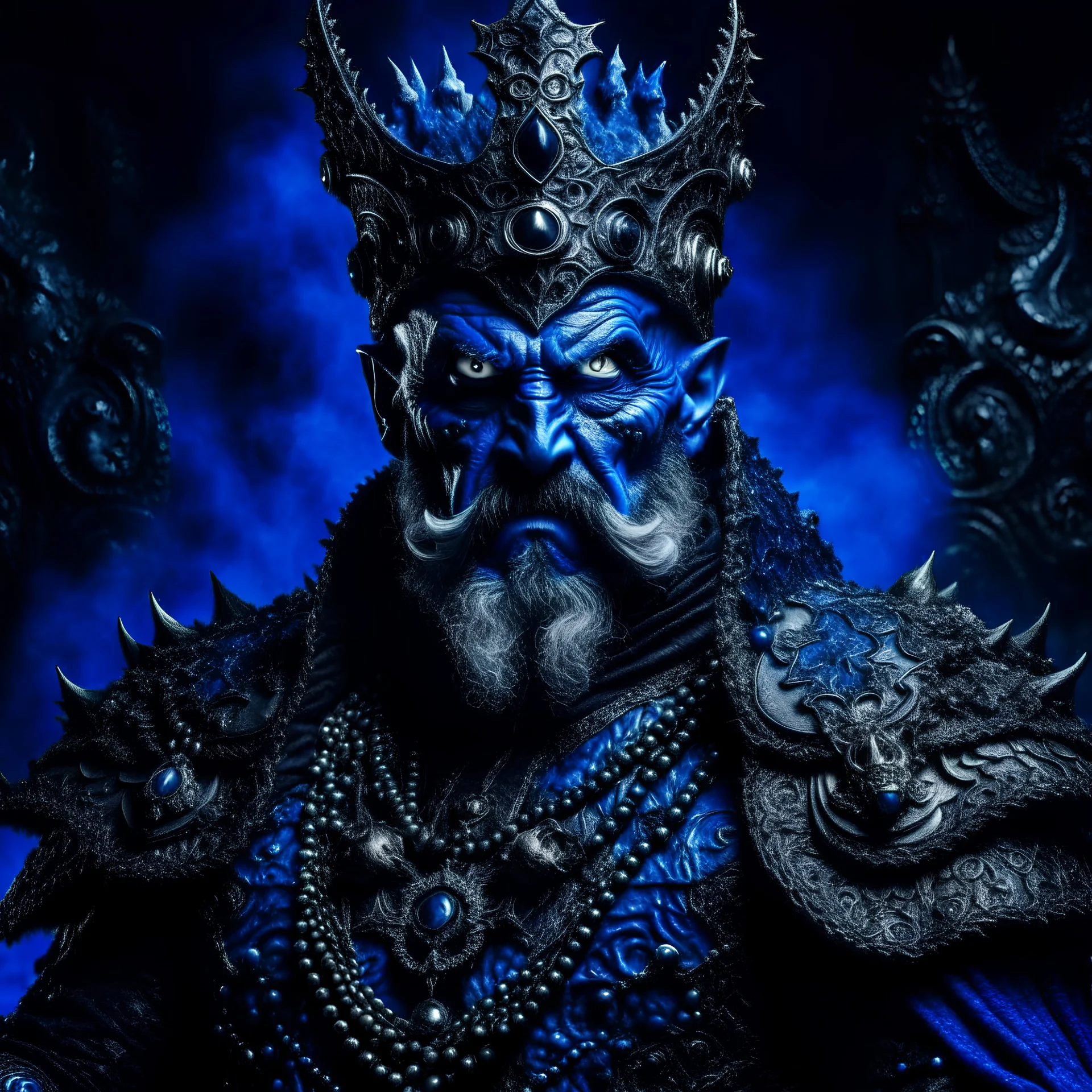 Upscale orkand almost leads to the extinction of devil musk king with chrown, in an accurate revenge scheme,Dramatic, dark and moody, inspired style, with intricate details and a sense of mystery Blue background