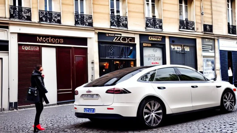 A Tesla's 'Model S Plaid' is doing donuts, by the 'Sacre Coeur', in Paris. CINEMATIC. WIDE ANGLE LENS. PHOTO REAL.