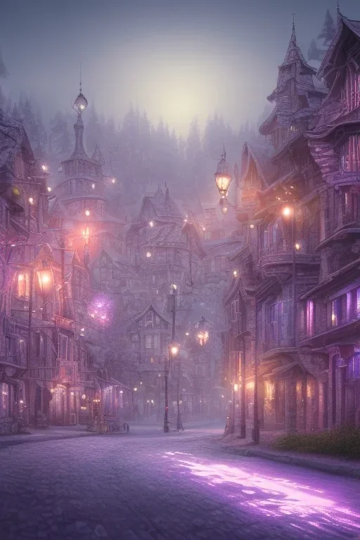 Hunted little town in purple and blue coloristic aura at night