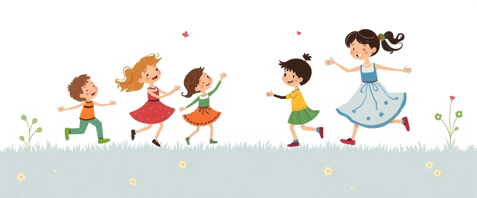 whimsical illustration of children playing and dancing. children's book style, on a white background