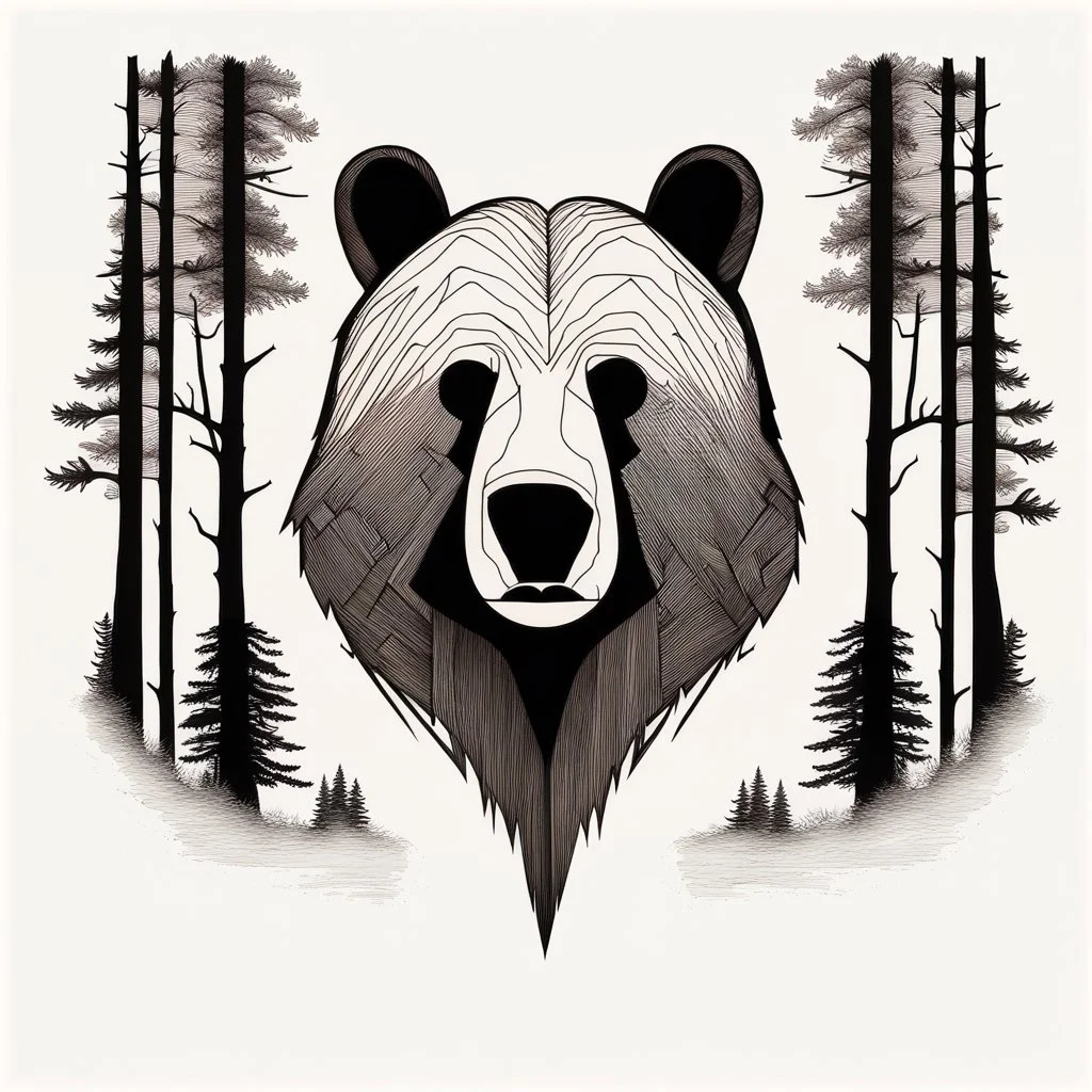 M shaped bear head combined with woods silhouette in backround, letterpress style, minimalistic pencil art