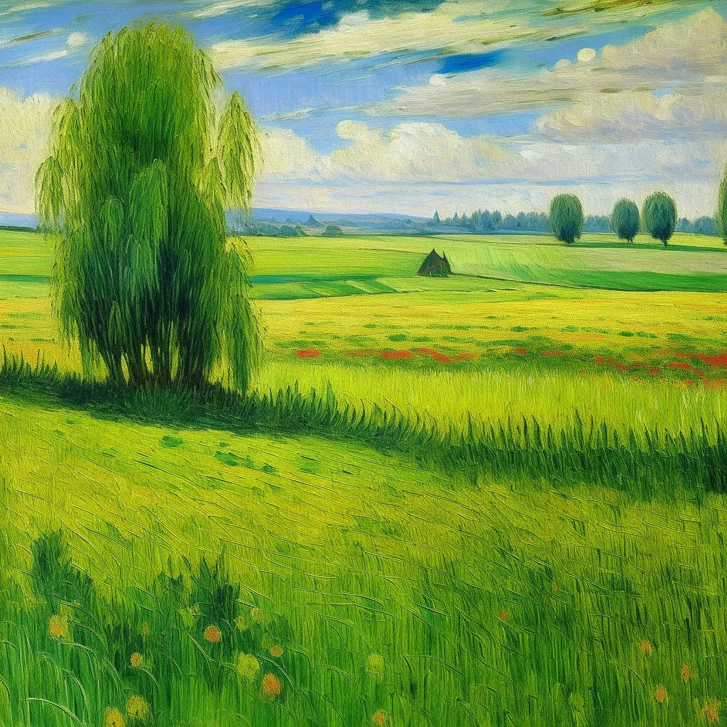 A green plain filled with haystacks painted by Claude Monet