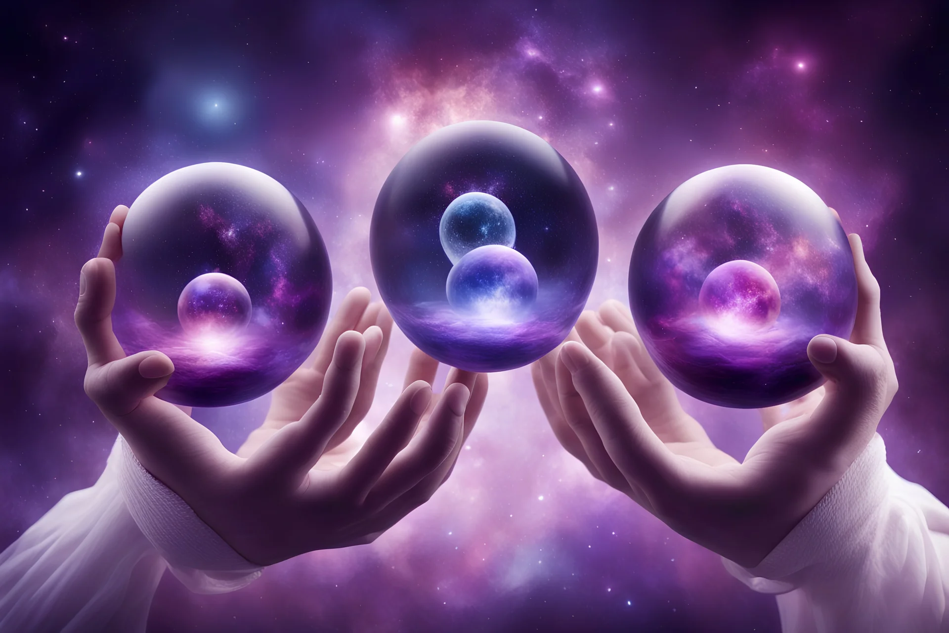 kundalini, connected to the universe, few colours of galaxy, holding galaxies in few hands in glass balls, purple colours