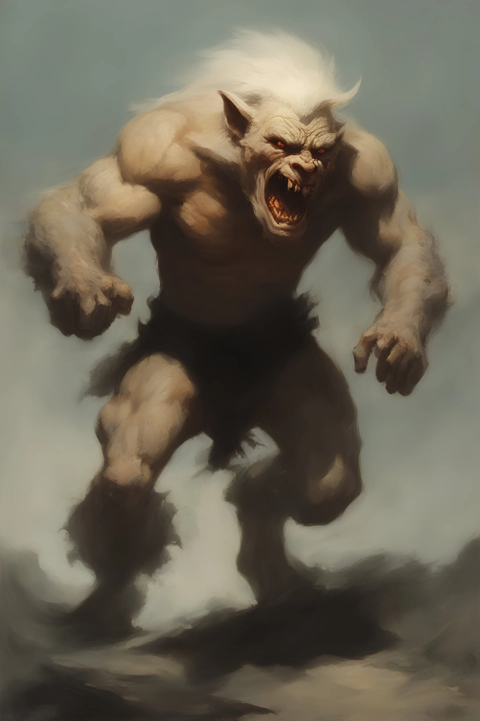 A giant, snarling albino Werewolf - oil painting by Frank Frazetta