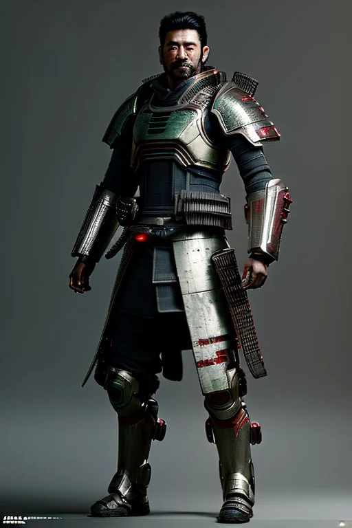 Fully armored cyberpunk samurai, photorealistic