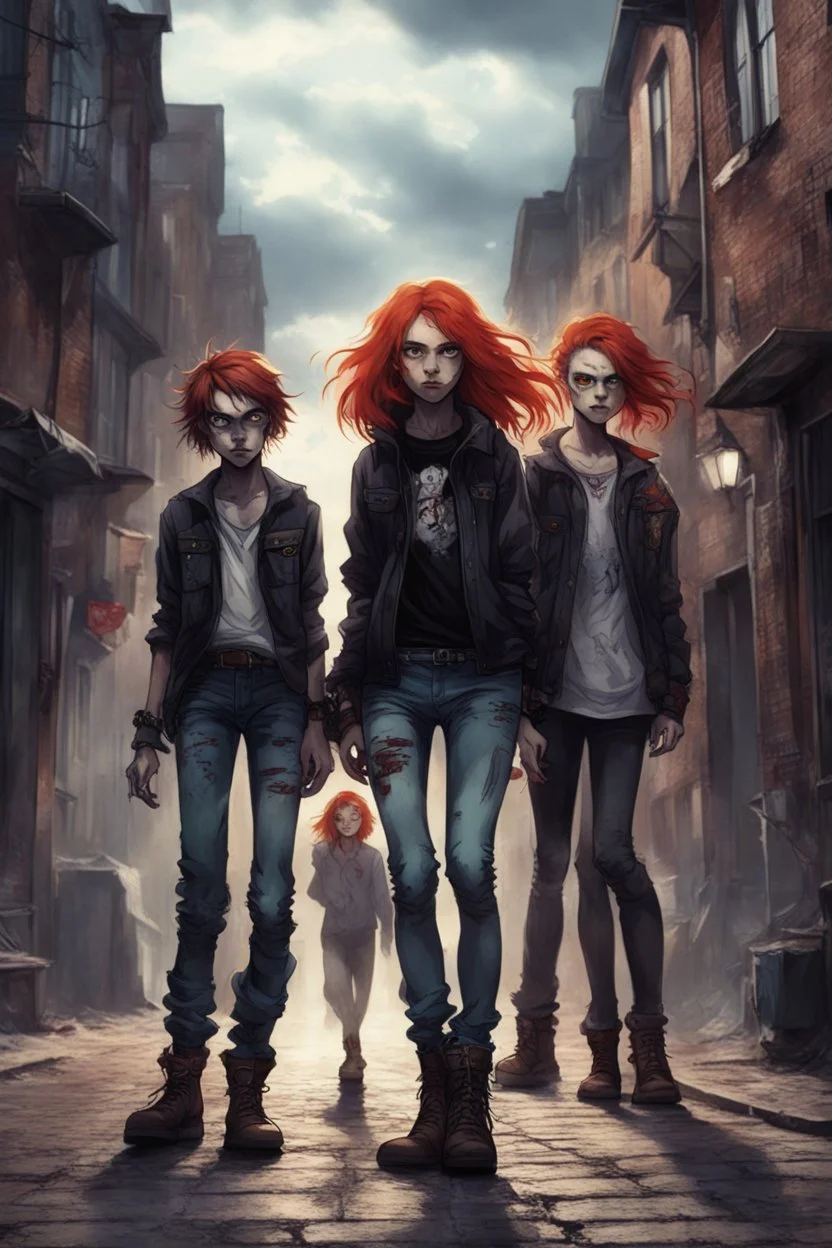 First plan: Black cat with three 13-15-year-old detectives - two brothers with red hair. One is tall and skinny, second is chubby and a girl with a punk look, dark clouds and brown hair, strong make-up. Second plan: a group of teenagers turned into computer-addicted zombies. Everything is located in an old town.