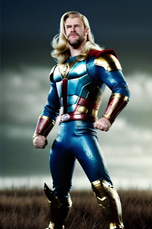 retro portrait image from 1960, sky background, wind, extra long blonde hair, fighting stance, young Chris Hemsworth, clean shave face, black dress, classic long tight lycra black suit, 2 steel disc in busty, big red cap, silver arms, gold bracelet and belt, high boots, soft color, highly detailed, classic comic Thor style, unreal engine 5, ray tracing, RTX, lumen lighting, ultra detail, volumetric lighting, 3d, finely drawn, high definition, high resolution.