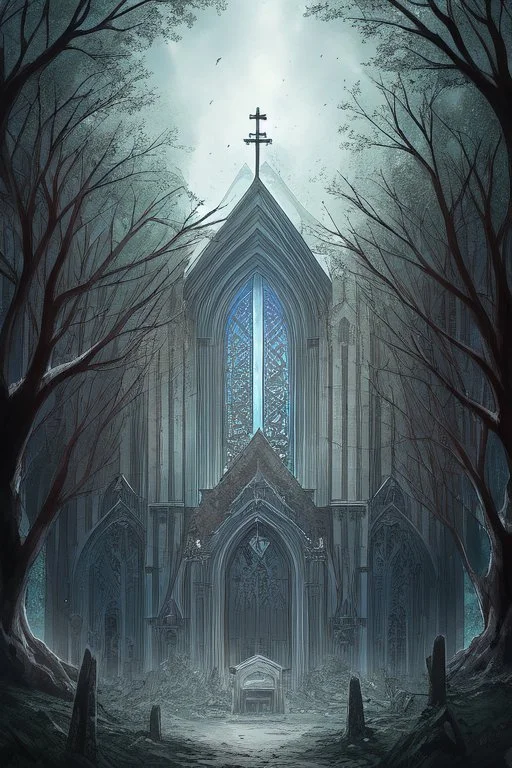 A super high-resolution 2 terapixel photograph of an abandoned church in January. The scene captures the intricate frost formations on the churg and the surrounding trees, with a gentle snowfall adding to the winter wonderland effect. The dim winter light creates a mystical ambiance around the bus formations. Captured with a Nikon Z7 II and a 24-70mm f/2.8 lens, focusing on the serene, frozen beauty of the park.