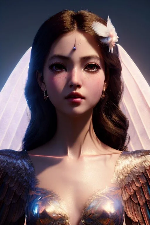 Angelic character, angelic wings on back, halo, luminous, facepaint, waist up portrait, intricate, oil on canvas, masterpiece, expert, insanely detailed, 4k resolution, retroanime style, cute big circular reflective eyes, cinematic smooth, intricate detail , soft smooth lighting, soft pastel colors, painted Renaissance style
